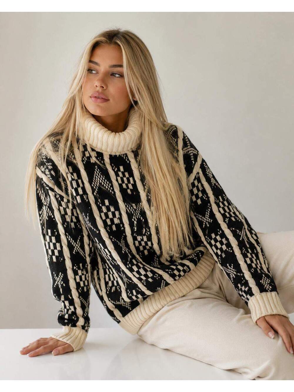 Pierre Cardin Vntg  Cotton  Geom Pattern Turtleneck Sweater with Ribbed Cuffs